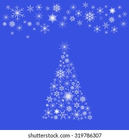 Set of snowflakes in the shape of Christmas trees. Blue background.