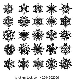 Evolución de copos de nieve, nevada. La nieve tiñe de silueta. Aislado sobre fondo blanco