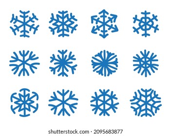 Un conjunto de copos de nieve al estilo de un doodle. Ilustración vectorial hecha a mano para Año Nuevo o Navidad.