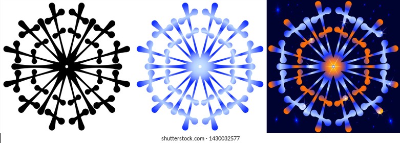 A set of snowflakes in the style of hand-drawing in three versions - black, blue with a gradient, multi-colored on a dark blue background. Elements for winter pattern.