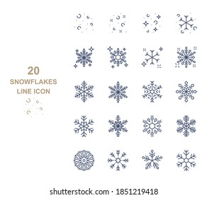 set of snowflakes thin line icons, winter season, christmas, new year