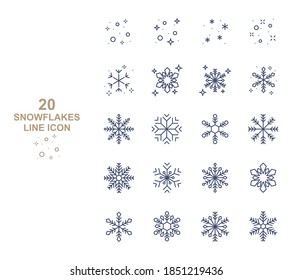 conjunto de copos de nieve iconos de la delgada línea, temporada de invierno, navidad, año nuevo