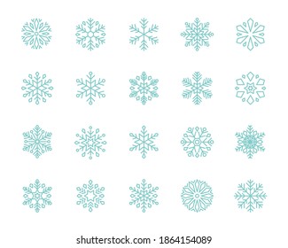 set of snowflakes thin line icons, snow, christmas, new year, weather