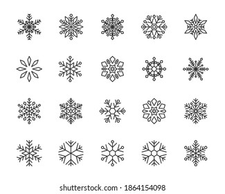 set of snowflakes thin line icons, snow, christmas, new year, weather