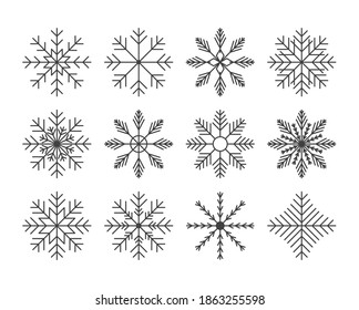 Conjunto de copos de nieve en línea delgada. Ilustración del vector