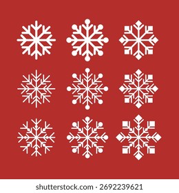 A set of snowflakes in various sizes and shapes are arranged in a row on a red background