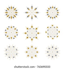 Set of snowflakes. Vector gold and grey snowflake icons.Snowflake simple icons isolated on white background for winter design and decoration 