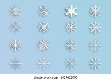 set of snowflakes vector icon with shadow on blue background