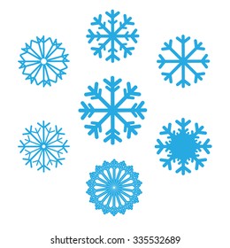 Set of snowflakes vector icons. Background for winter and christmas theme. Set snowflakes flat different shaped. Snowflake symbol, badge blue color on isolated background