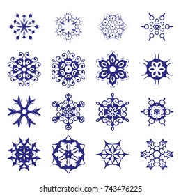 A set of snowflakes. Vector illustration. 16 snowflakes for home decoration for New Year holidays. Ice crystals. Christmas decoration.