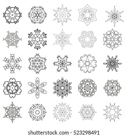 A set of snowflakes. Vector illustration. 25 snowflakes for home decoration for New Year holidays. Ice crystals. Christmas decoration.