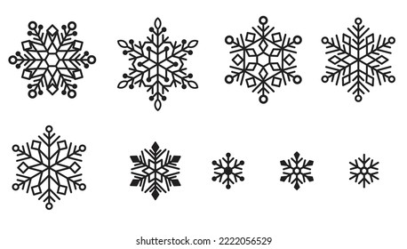 Conjunto de copos de nieve, ilustración vectorial. Ornamentos y decoraciones navideños. Copos de nieve lineales.