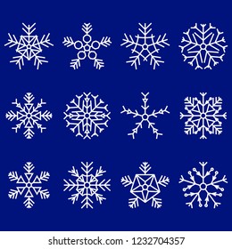Set of snowflakes. Vector illustration on blue background
