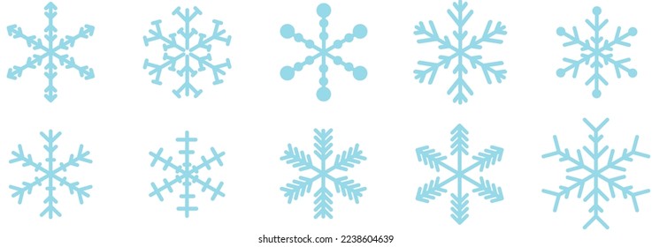Un conjunto de copos de nieve. Ilustración vectorial de copos de nieve en un fondo de corte. Obra. Diversos copos de nieve