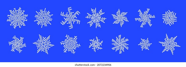 Conjunto de copos de nieve, ilustración vectorial. Fondo de invierno.