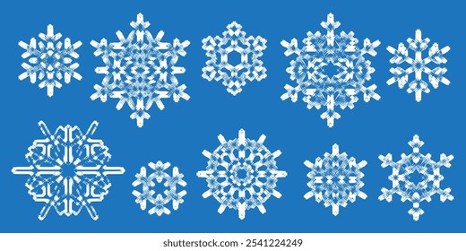 Conjunto de copos de nieve, Ilustración vectorial, fondo de invierno