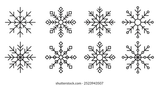 A set of snowflakes. Vector sign of snow, cold weather.  It can be used in web design, social media, and print.