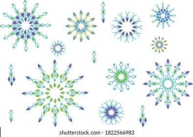 Set of snowflakes vector. Winter blue Christmas snowflakes crystal element. Weather illustration ice collection. Beautiful frost flat isolated silhouette symbols