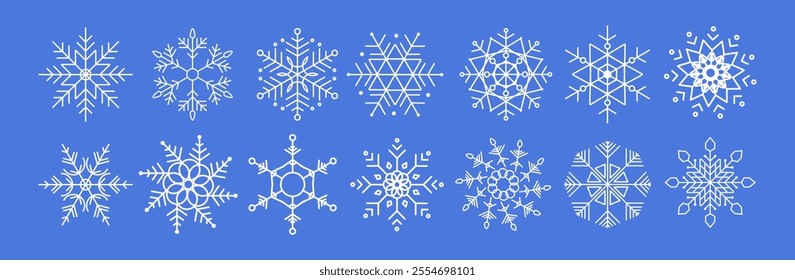 Set of Snowflakes Vector. Winter Snowflake Icons. Geometric Snowflakes Crystals Design. White Snow flakes on Blue Background. 