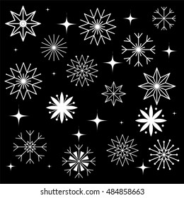 Set of Snowflakes. White Snowflakes on Black Background.  Elements for Christmas and New Year Design. Vector Illustration.