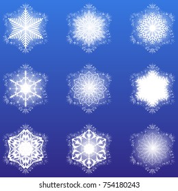 A set of snowflakes. White snowflakes on a blue background - elements for design and advertising. A set of snowflakes for winter design.