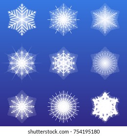 A set of snowflakes. White snowflakes on a blue background - elements for design and advertising. A set of snowflakes for winter design.