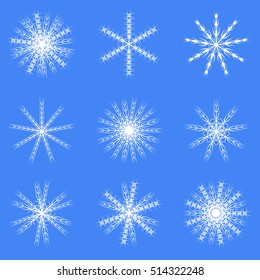 Set of snowflakes. White vector snowflakes on a blue background. Beautiful winter ornament. Snowflake icons