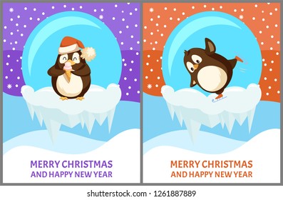 Set of snow-globe with penguin. Standing animal with ice-cream in Santa hat and funny skating vector. Greeting card with Merry Christmas and Happy New Year