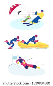 Set of Snowkiting, Bobsleigh and Ski Slalom Kinds of Sport. Sportsmen Riding Skis and Snowboard with Kite. Competitors on Bob, Man Skier Going Downhills. Cartoon Flat Vector Illustration