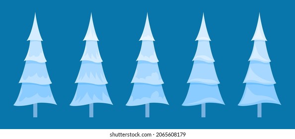 Set of snowly fir trees. Five different trees. Vector illustration