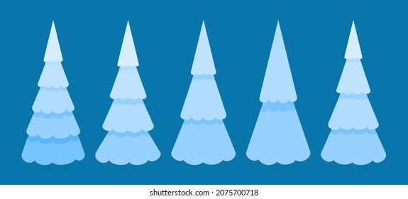 Set of snowly fir trees. Five different trees. Vector illustration