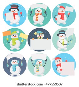 Set of snowman cartoons with blank message board. Funny snowman character in santa hat, scarf, cylinder, warm earmuffs holding cardboard placard flat. Vector  snowman isolated on white background