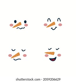 Set of Snowman Characters faces. With a smile and a carrot for a nose. A beautiful set for a postcard or poster for the New Year. Vector illustration