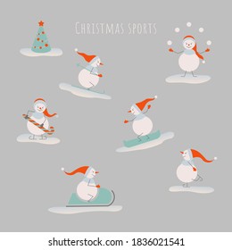 Set of snowman. Cheerful snowmen in different sports. Winter holidays ugly design elements