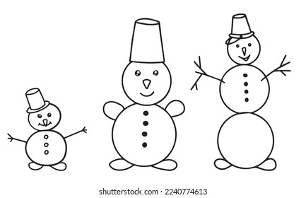 Set of snowman in doodle style, different size. Vector illustration.