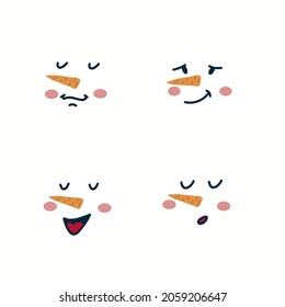 Set of Snowman face. Cute Characters with and without a smile. with a little man with a carrot for a nose. A beautiful set for a postcard or poster for the New Year. Vector illustration