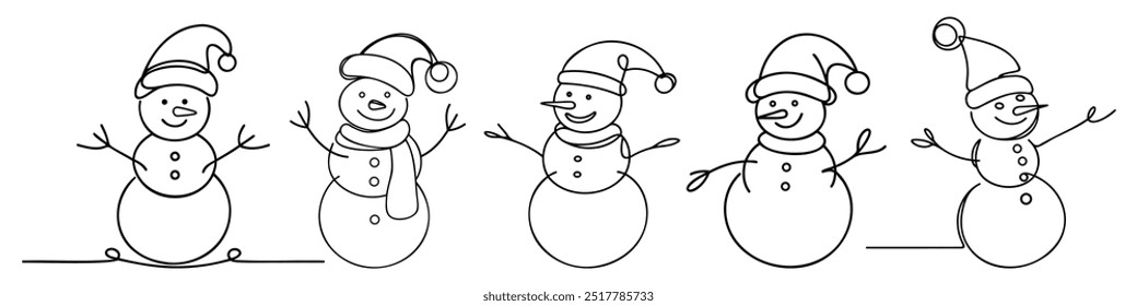 Set Snowman in a hat. Christmas decoration. Continuous line drawing. Vector illustration