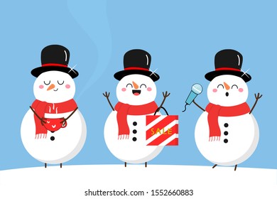 Set of Snowman isolated on blue background, funny cartoon character vector illustration.