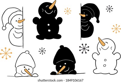 A set of a snowman plus his silhouette. Cheerful snowman and curious snowman.