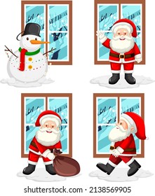 Conjunto de snowman y santa por la ilustración de la ventana