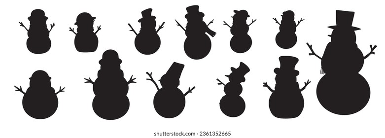 Set of snowman silhouette. Silhouette of snowman icons collection isolated on white background. Vector illustration.