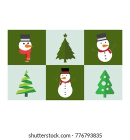 Set of snowman and trees