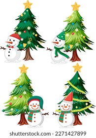 Set of snowman under Christmas tree isolated illustration