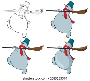 Set of Snowman walking in profile with a bucket on his head and a scarf and a broom in his hands, isolated on a white background. Vector illustration