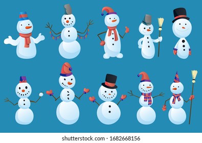 Set of Snowmans in different poses with top hat