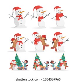 Set with snowmen. Children make a snowman. For the design of cards, banners and books. Cartoon, vector illustration.