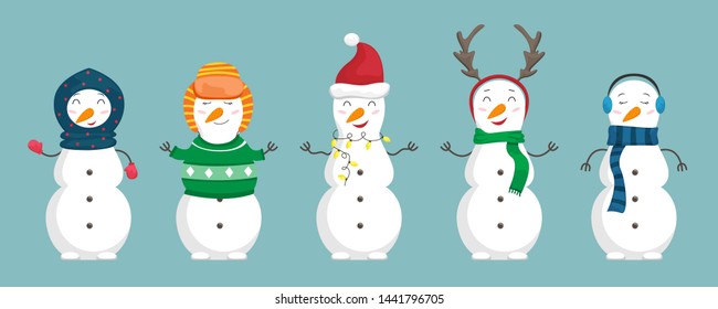 Set of snowmen in the christmas clothes. Flat cartoon illustration.