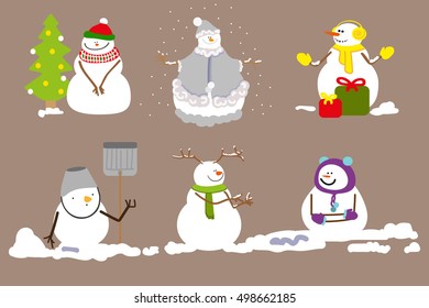 Set of snowmen. Christmas design elements for decoration.