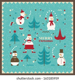 Set with snowmen, Christmas trees and decorations.  It can be used for a Christmas design.