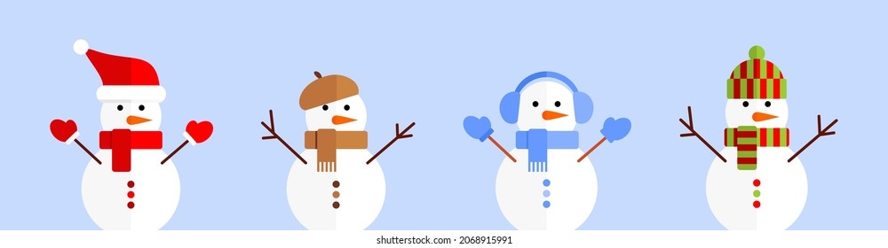 Set of snowmen in colorful hats and scarves on a blue background